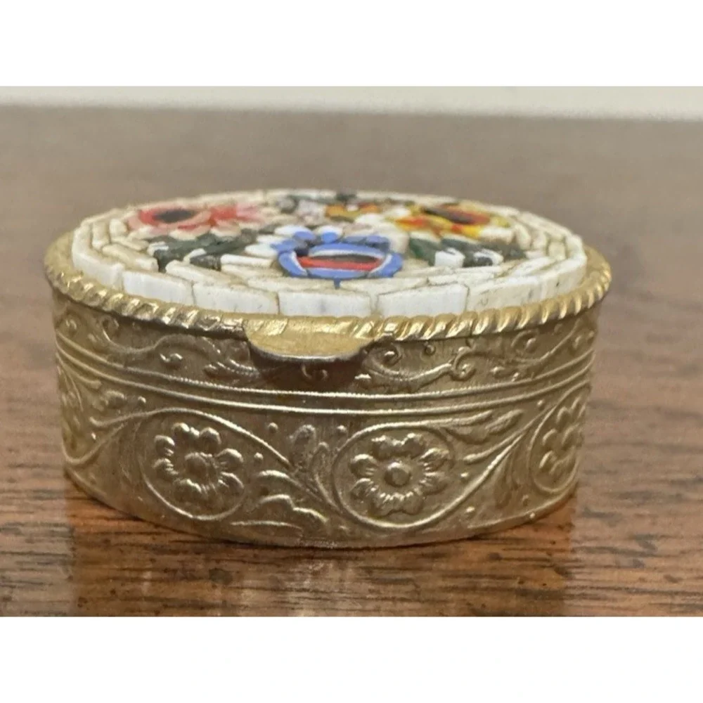 Vintage Italian Micro Mosaic Floral Pill Trinket Hinged Box Gold Frame 1.25